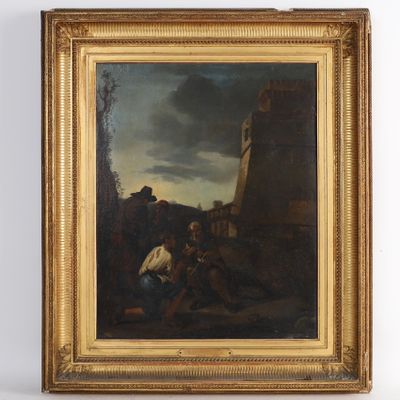 a painting of a man kneeling down in front of a building
