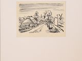 a black and white drawing of a train traveling down a track