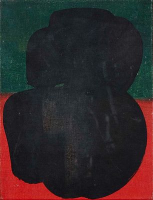 an image of a painting of a black figure on a red and green background