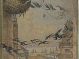 many birds that are flying around a building