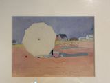 a picture of a painting of a white umbrella on the beach