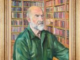 painting of a man sitting in front of a bookshelf filled with books