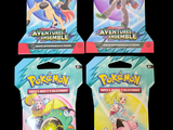 trois paquets de cartes à collectionner pokemon sont représentés sur un fond noir