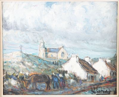 l'image d'un tableau représentant un village avec une église à l'arrière-plan