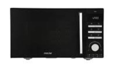 four à micro-ondes noir avec commandes électroniques sur fond blanc