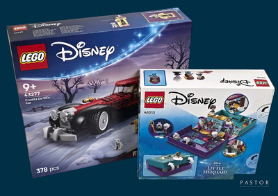 Deux coffrets Lego Disney sont représentés dans une boîte sur fond bleu