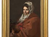 a painting of a woman holding a rooster in her hands