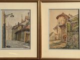 deux aquarelles encadrées représentant une rue et un immeuble