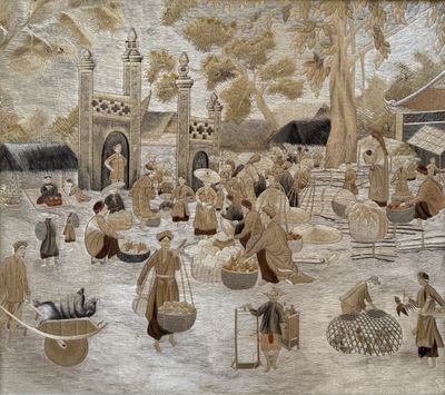 une photo d'un tableau représentant des habitants d'un village