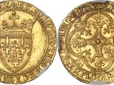 a gold coin with a crown and shield on it