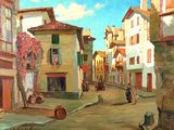 a painting of a street scene with people walking down it