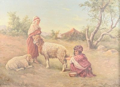 a painting of a man and a woman with sheep in a field