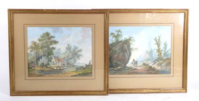 two framed paintings of a landscape with a man and a dog