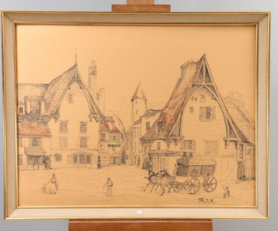 dessin représentant une scène de rue avec une calèche devant un immeuble