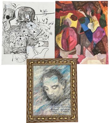 plusieurs tableaux et dessins représentant un homme coiffé d'un chapeau et une femme en robe