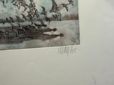 painting of a flock of birds flying over a body of water
