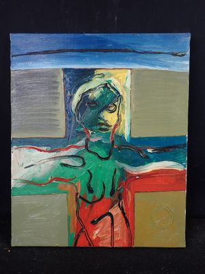 une peinture à l'huile représentant une femme debout devant une fenêtre