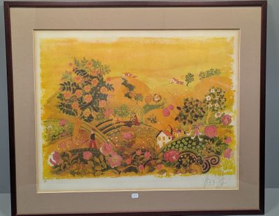 tableau encadré représentant un paysage avec des fleurs et des oiseaux