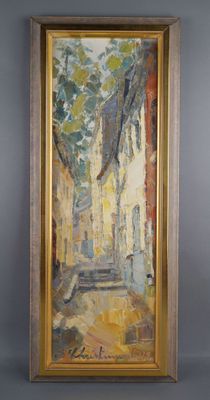 an oil painting of a street scene with buildings and trees