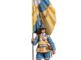 statue of a man holding a flag on a wooden base
