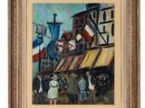 an oil painting of people walking down a street in front of a building