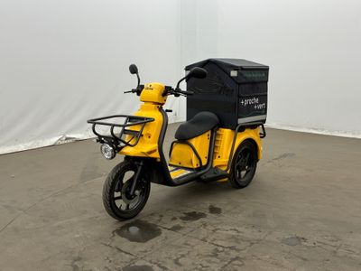 a yellow scooter with a black box on the back of it