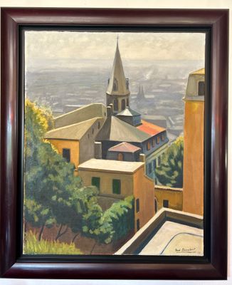 une peinture à l'huile représentant une vue d'une ville avec le clocher d'une église
