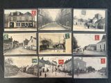 several old black and white photos of a street with buildings