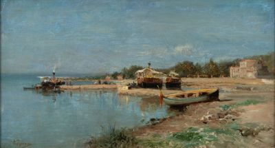 a painting of a boat on the shore of a lake