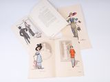 trois pages d'un livre comportant des illustrations de femmes portant des chapeaux et des robes