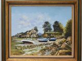 a painting of two boats on the shore by the water