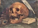 an oil painting of a skull and a feather on a table
