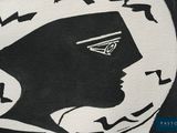 a black and white drawing of a woman ' s head with birds flying around it