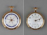 two pictures of a gold pocket watch with a blue face