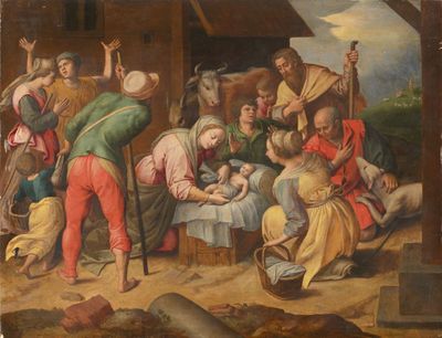 painting of a group of people gathered around a baby in a manger