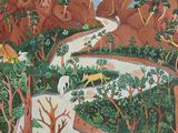 a painting of a river running through a forest