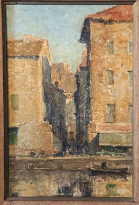 une peinture à l'huile représentant un homme marchant dans une rue, près d'un immeuble