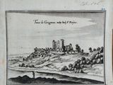 an old drawing of a castle on a hill with trees in the foreground