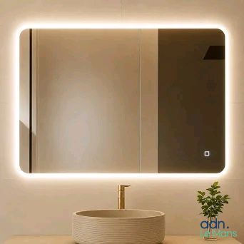 une salle de bains avec un lavabo, un miroir et une plante posée sur le plan de travail