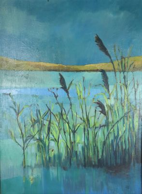 a painting of a painting of a lake with reeds