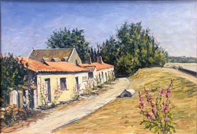 painting of a country road with a house in the distance and flowers in the foreground