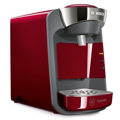 a close up of a red coffee maker on a white background