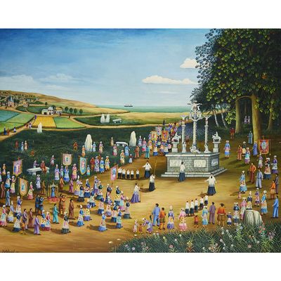an oil painting of a large crowd of people gathered around a monument