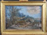 an oil painting of a landscape with cattle and a man on a horse