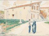 painting of two people walking down a road in front of a building