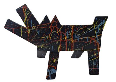 a black dog with colorful paint splatters on it