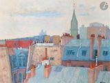 une peinture représentant un paysage urbain avec une tour horloge en arrière-plan