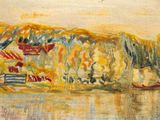 l'image d'une peinture représentant un bateau sur un plan d'eau