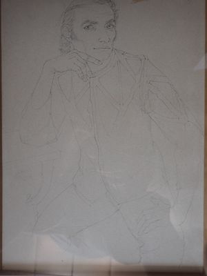 dessin au crayon représentant un homme assis sur une chaise, la main posée sur le menton