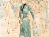 une image représentant un tableau où l'on voit une femme vêtue d'une robe verte et portant un chapeau